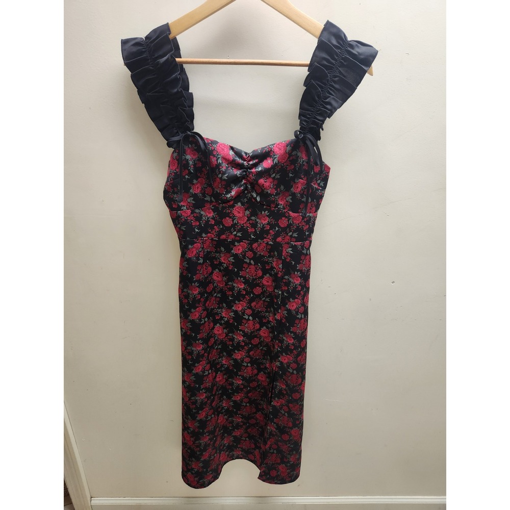 Francesca's Black Red Rose Floral Ruffle‎ Strap Smocked Midi Dress XS Side Slit